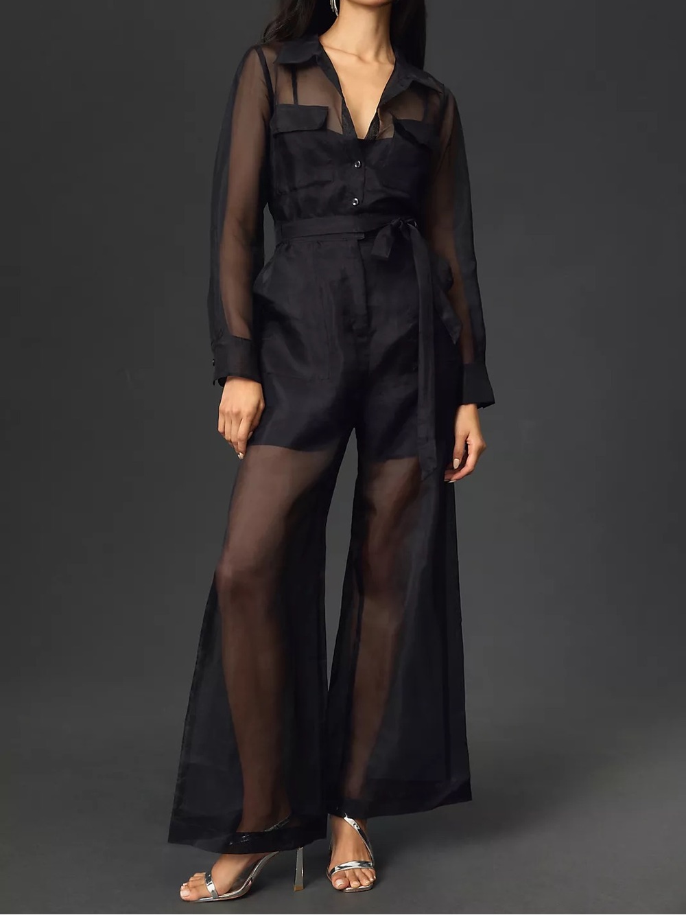 By Anthropologie Sheer silk Utility Jumpsuit long sleeve wide leg in black